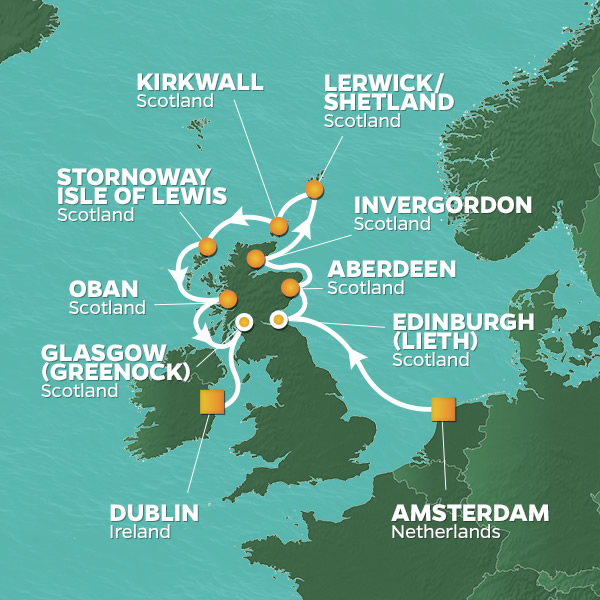 <h2>2023 Scottish Links & Islands Golf Cruise</h2>12 Nights | 5 Rounds | Amsterdam - Dublin | August 17 - 29